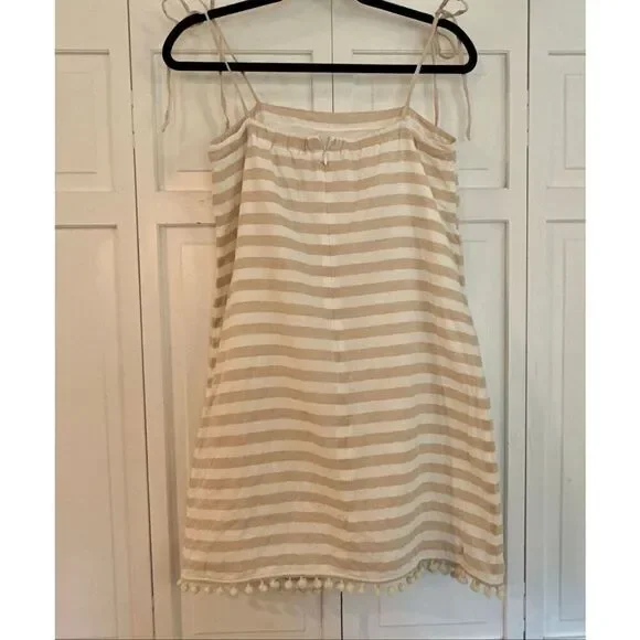 J.Crew beige striped Pom trim linen tie shoulder dress size xs - Picture 11 of 12